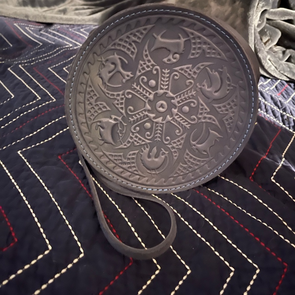 Round Black Embossed Leather Crossbody Bag